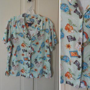 Tropical Travel-Themed Flowy Oversized Button-Down